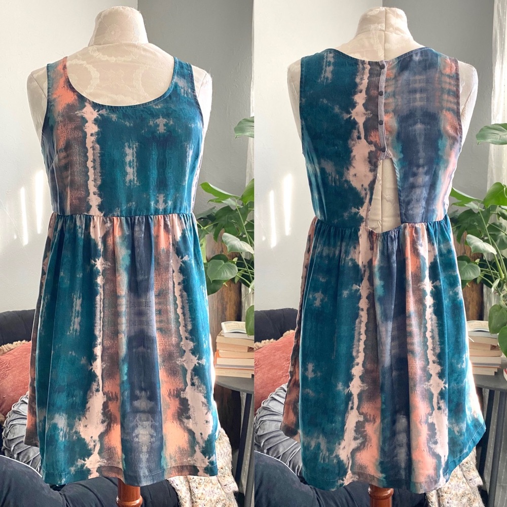 ecote Teal Coral Peach Tie Dye Sleeveless Short Dress